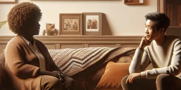 A warm living room scene with a mother and son sharing an intimate conversation, reflecting familial bonds.