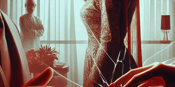 A tense cinematic poster featuring a conflicted man and an alluring woman in a dimly lit room.