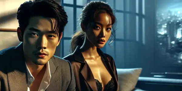 A tense family confrontation in a dimly lit living room, featuring a confused man and an enigmatic woman.