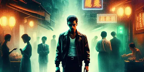 A mysterious man in a dimly lit Hong Kong alley, surrounded by ominous silhouettes, evokes crime and psychological tension.