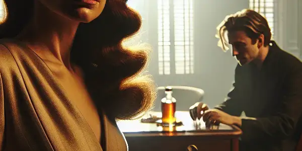 A woman and a young artist share an intense gaze in a dimly lit New York apartment, embodying tension and temptation.