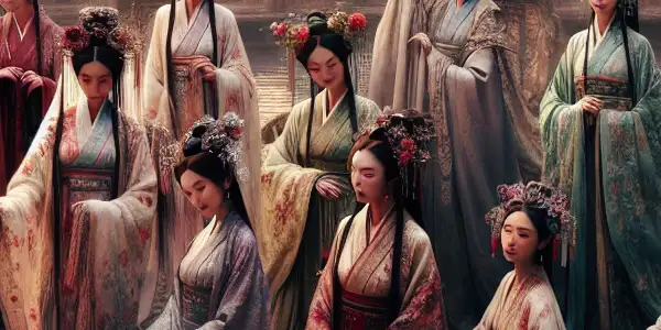 Twelve elegantly dressed women in ancient Jinling, embodying love and tragedy amidst traditional architecture and cherry blossoms.