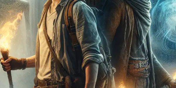 A determined adventurer and his mysterious companion explore an ancient tomb filled with glowing artifacts and cryptic symbols.