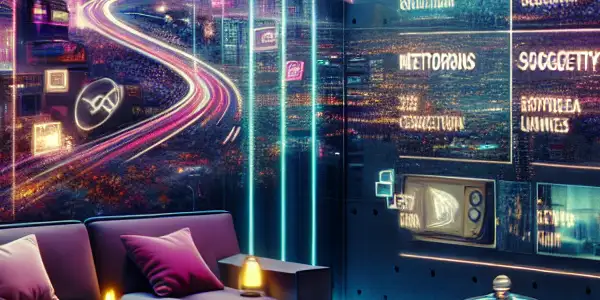 A cozy living room with a sleek interface showcasing adult film recommendations and colorful digital graphics.