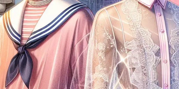 Two models in trendy outfits: a modern sailor uniform and an upgraded nurse costume, set in a cinematic atmosphere.