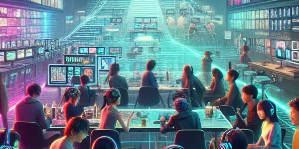 A vibrant modern film studio showcasing the innovative Japanese adult film industry with diverse filmmakers and advanced technology.