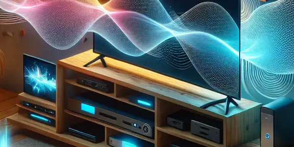 A cozy living room with a high-definition TV and streaming devices, showcasing a seamless video playback experience.